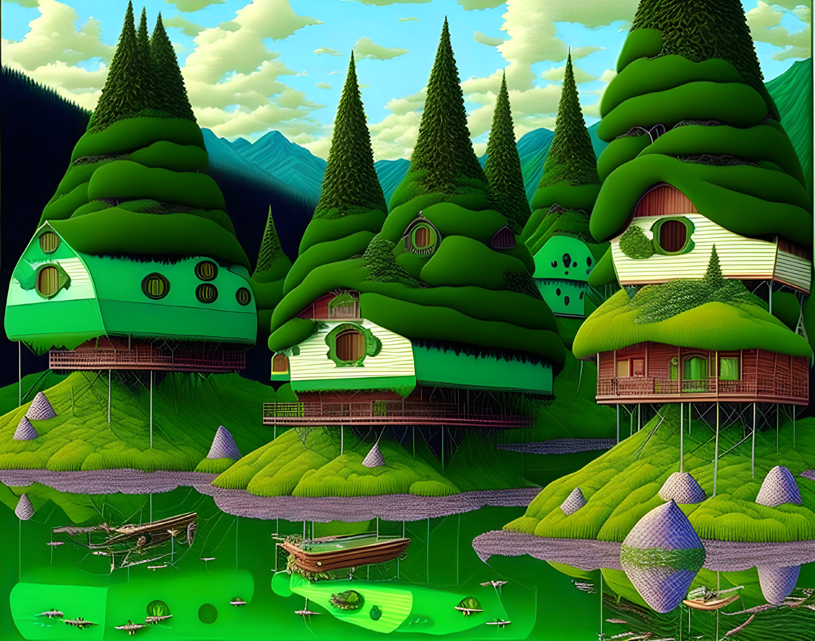 Whimsical Tree-Shaped Houses in Vibrant Landscape