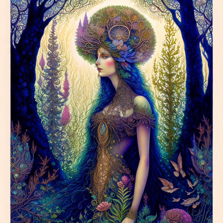 Illustrated Woman with Forest-Inspired Headdress and Vibrant Colors