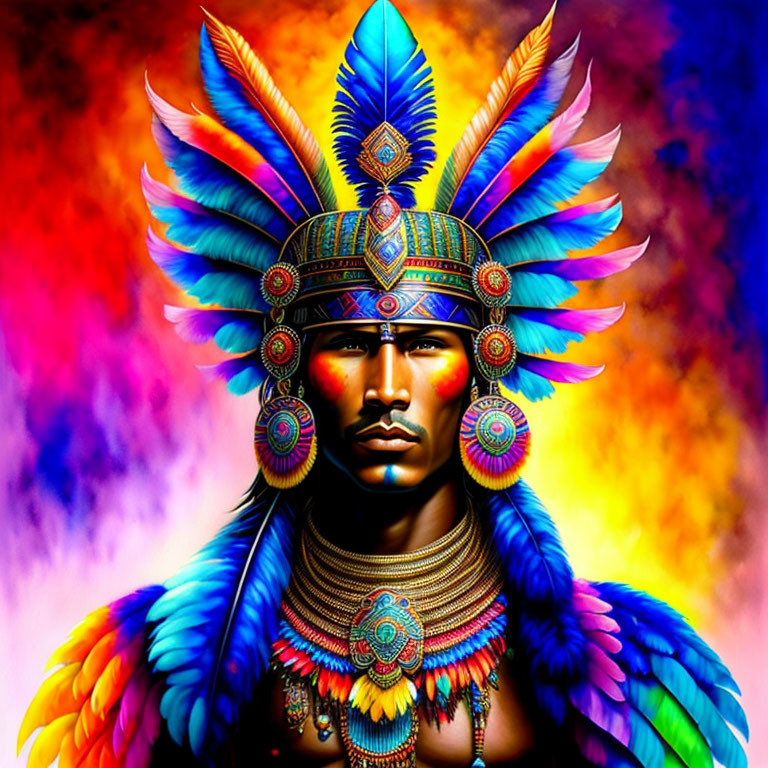 Colorful digital artwork featuring person in feather headdress & ornate accessories