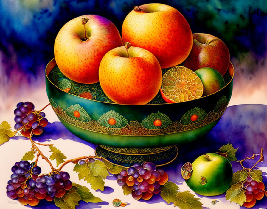 Colorful Still Life Painting with Fruit and Bowl