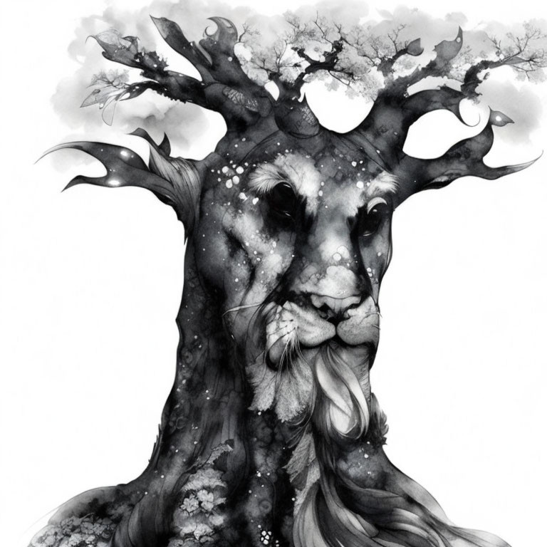 Monochrome drawing of tree-stag fusion with branch antlers and integrated facial features