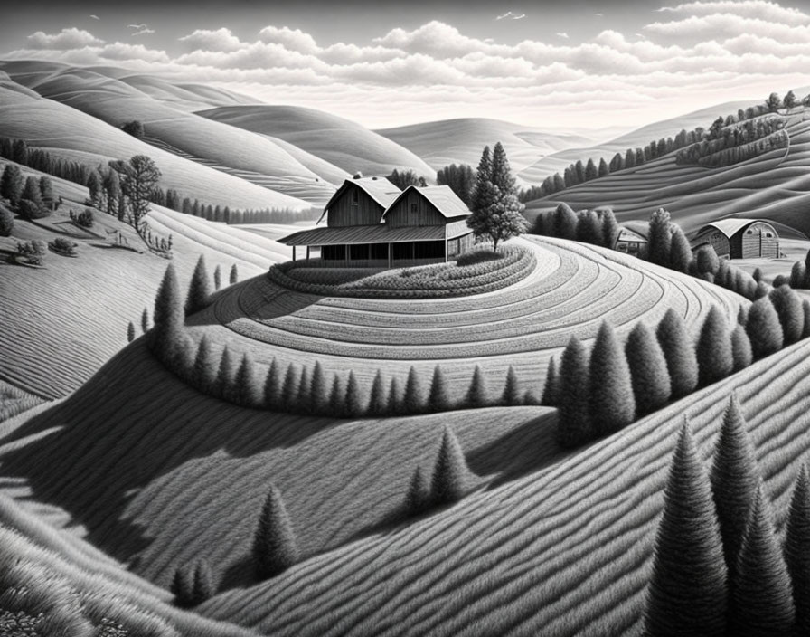 Monochromatic landscape: rolling hills, fields, house, trees, cloudy sky