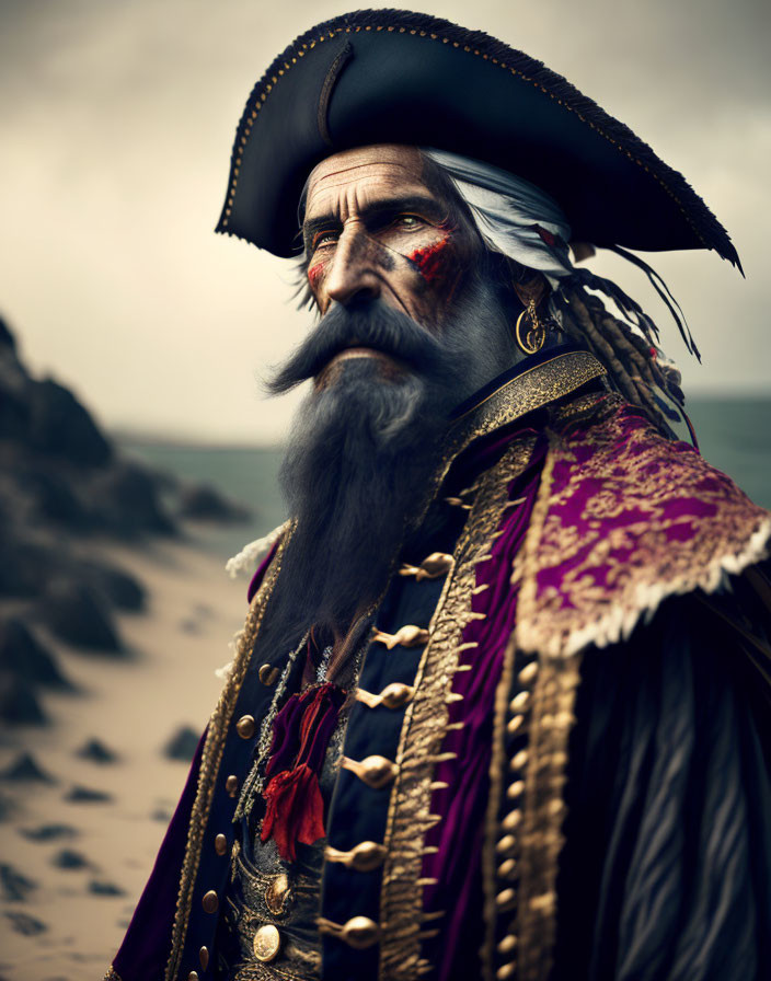 Elaborately dressed pirate with tricorn hat on cloudy beach