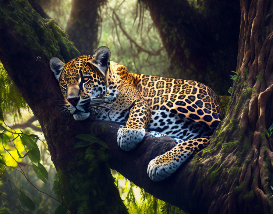 Leopard resting on tree branch in lush forest