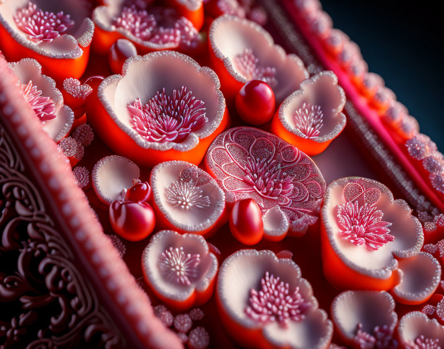 Detailed Red and White Floral Fractal Pattern on Dark Background