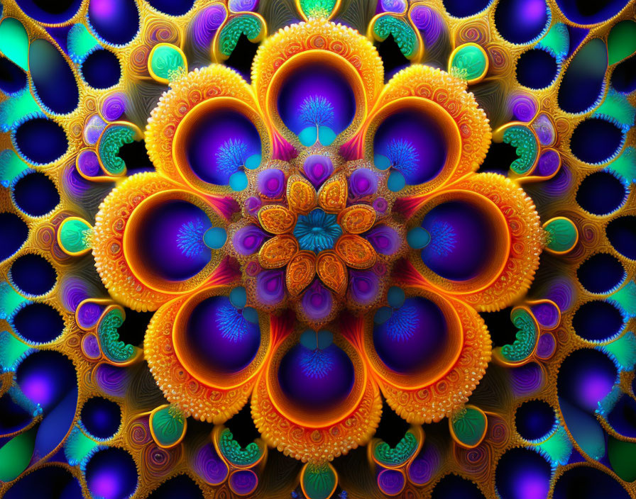 Colorful Digital Fractal Art with Symmetrical Floral Motif