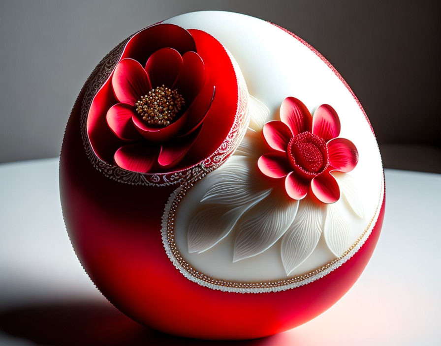 Decorative red and white egg with floral designs and intricate patterns on reflective surface