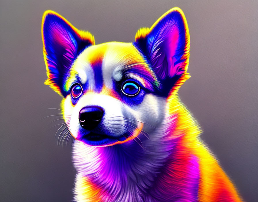 Vibrant Digital Artwork: Neon Dog in Yellow, Blue, and Purple