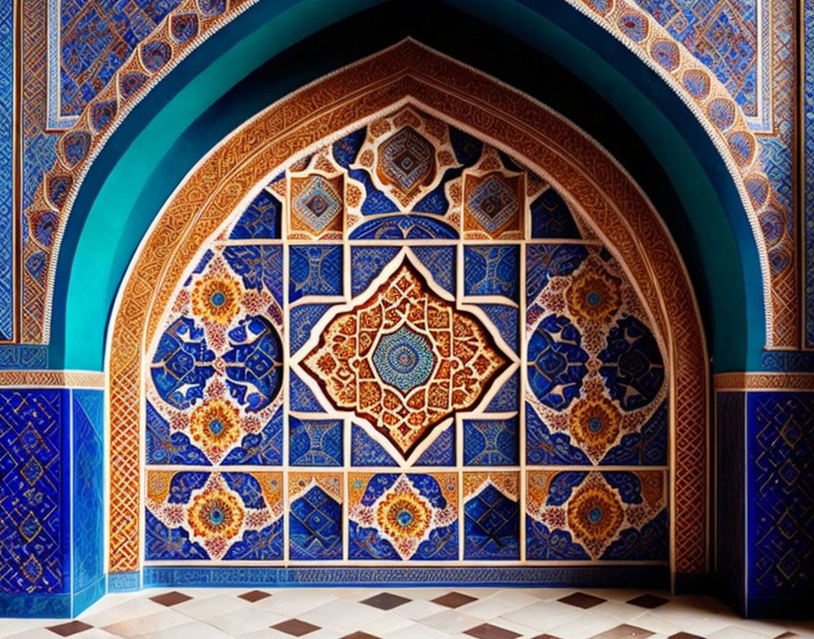 Vibrant blue and gold Islamic arch with intricate geometric and floral tile patterns