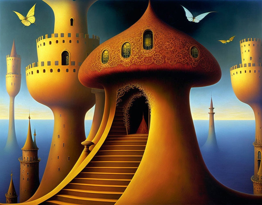 Fantastical painting of giant mushroom structure, castles, butterfly, and golden light