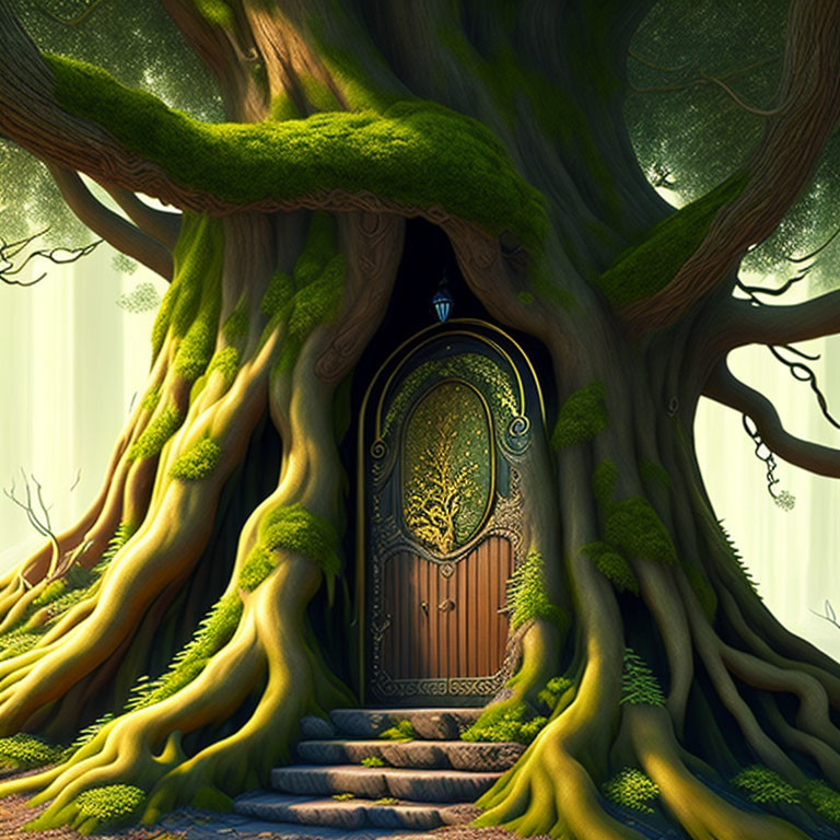 Mystical illustration of ancient tree with round leaf-adorned door