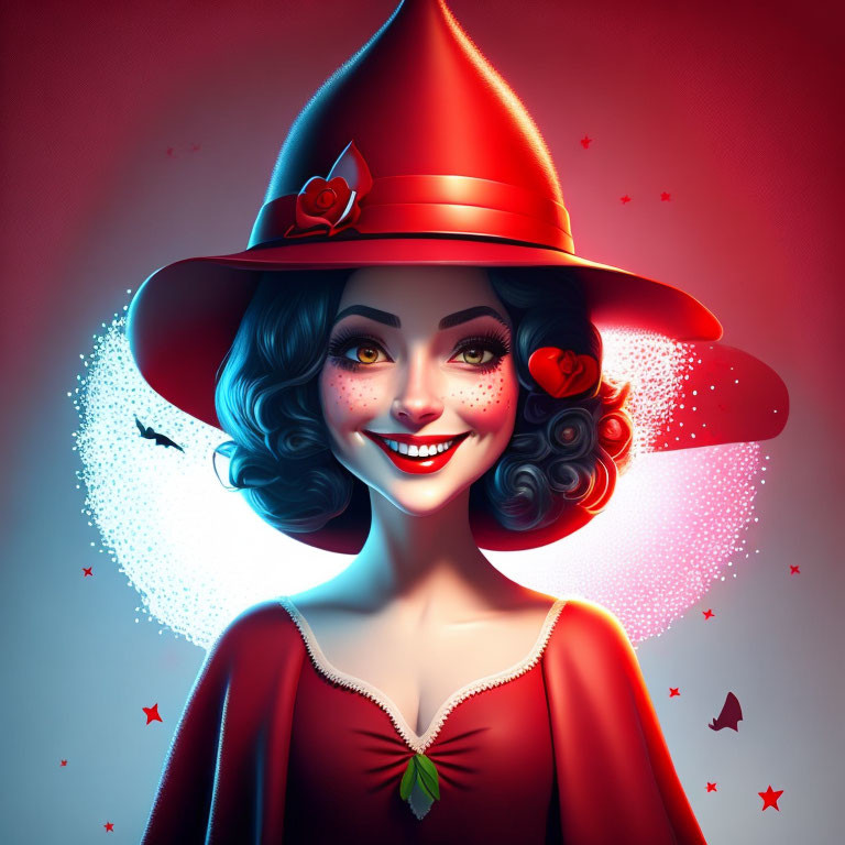 Digital illustration of smiling woman in red witch's hat with rose, surrounded by magical elements