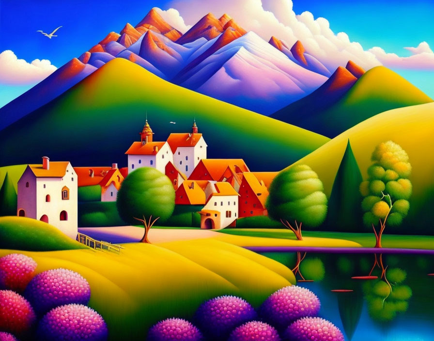 Colorful painting of whimsical village nestled among hills and mountains.