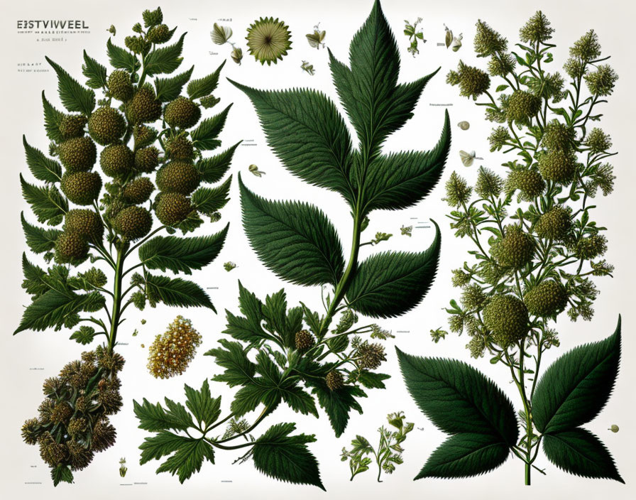 Botanical illustration of plant life cycle stages with leaves, flowers, and seed heads.