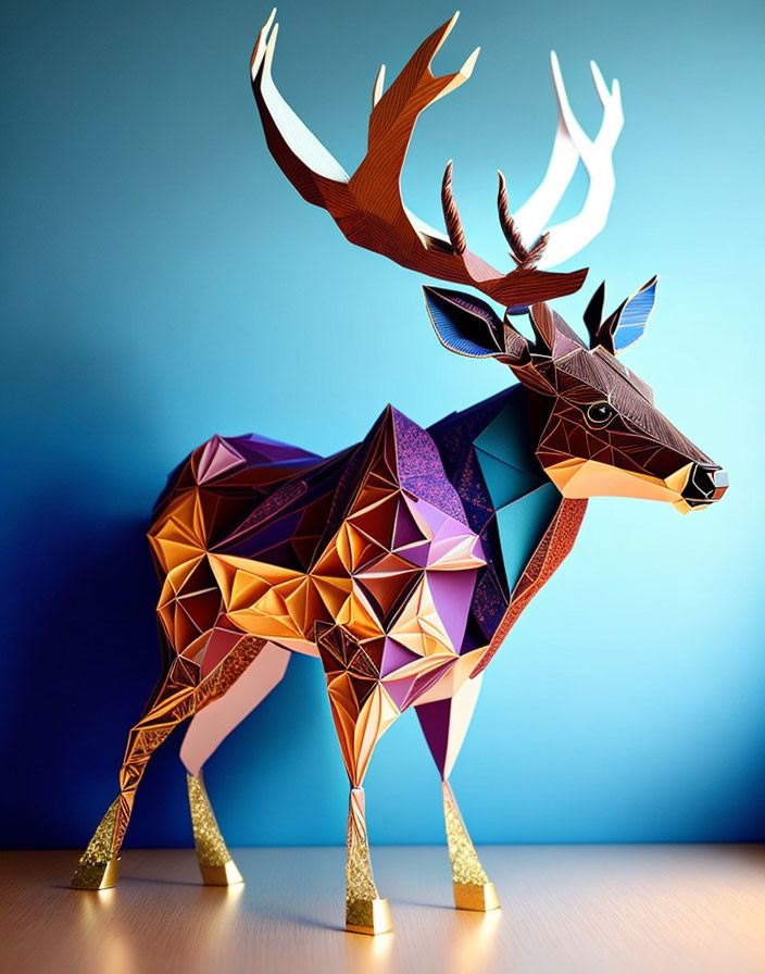 Colorful Geometric Deer Paper Art Sculpture on Blue Gradient Background