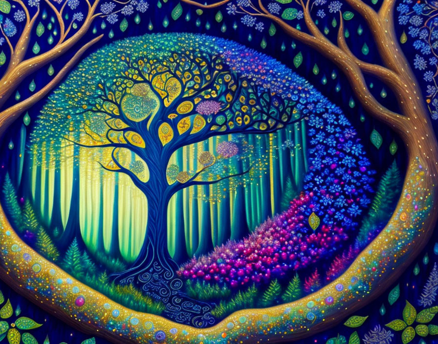 Colorful painting of whimsical tree in enchanted forest