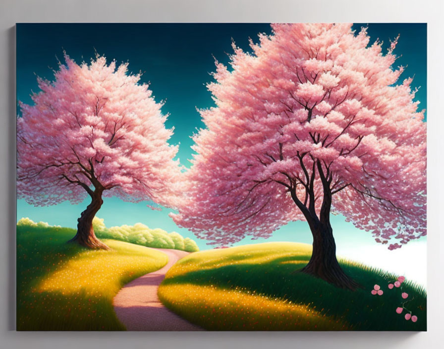 Colorful painting of pink cherry trees in a serene landscape