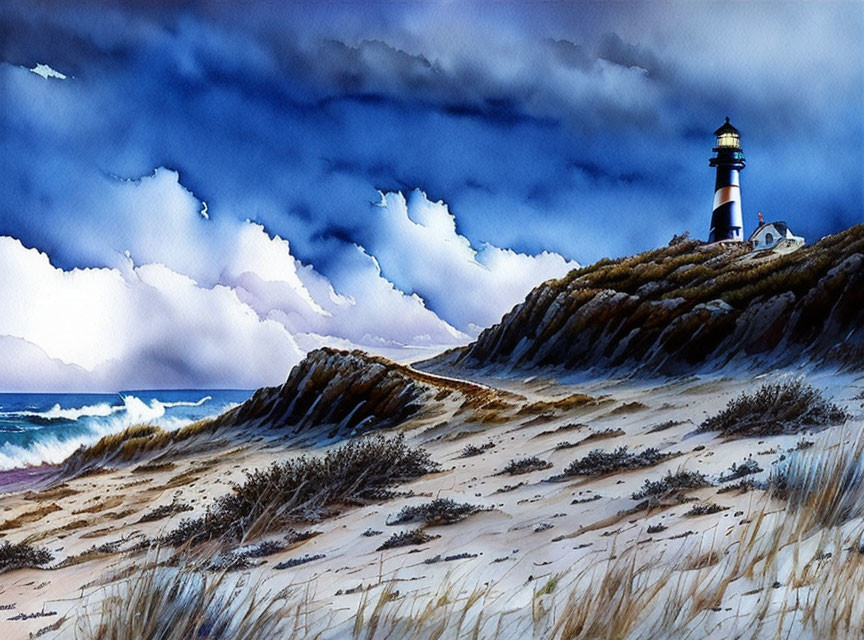 Scenic watercolor: beach, lighthouse, house, cloudy sky