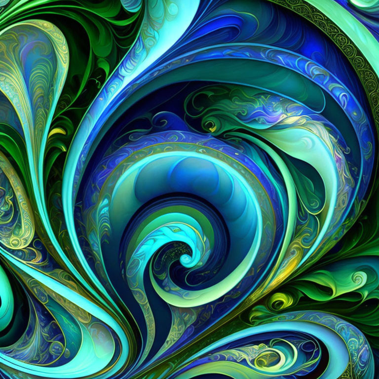 Vibrant Blue, Green, and Gold Fractal Design in Intricate Swirling Patterns