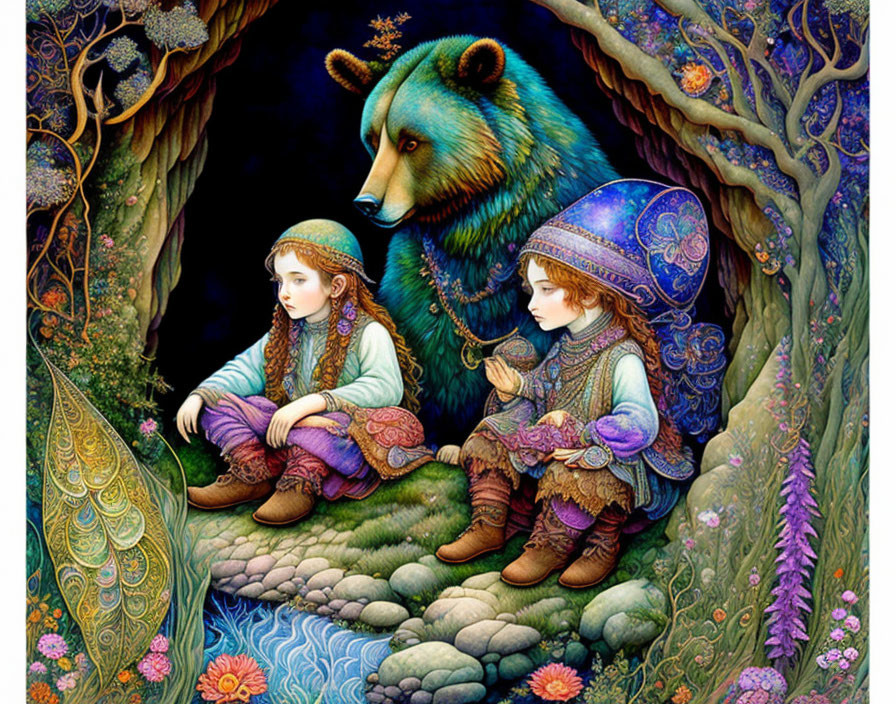 Children in ornate clothing with large bear in vibrant, mystical forest