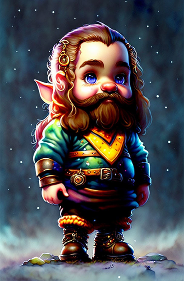 Stylized dwarf with large beard in colorful armor under starry sky