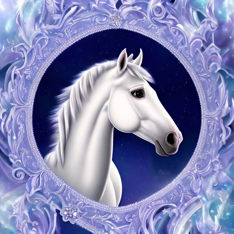 White horse head in circular frame on starry blue background