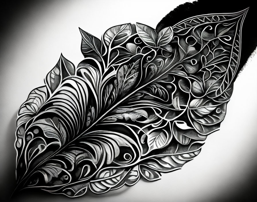 Detailed Black and White Feather Illustration with Leaf and Swirl Patterns