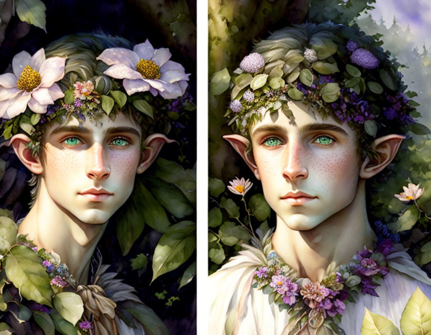 Whimsical character with pointed ears, green eyes, freckles, flower crown and garland