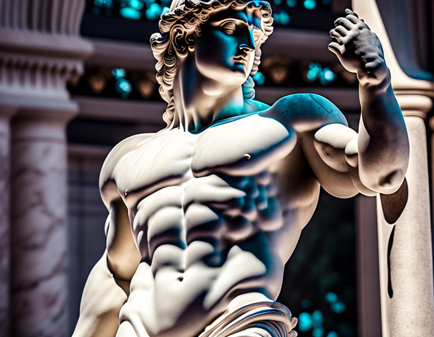 Classical sculpture of muscular male figure with wavy hair.