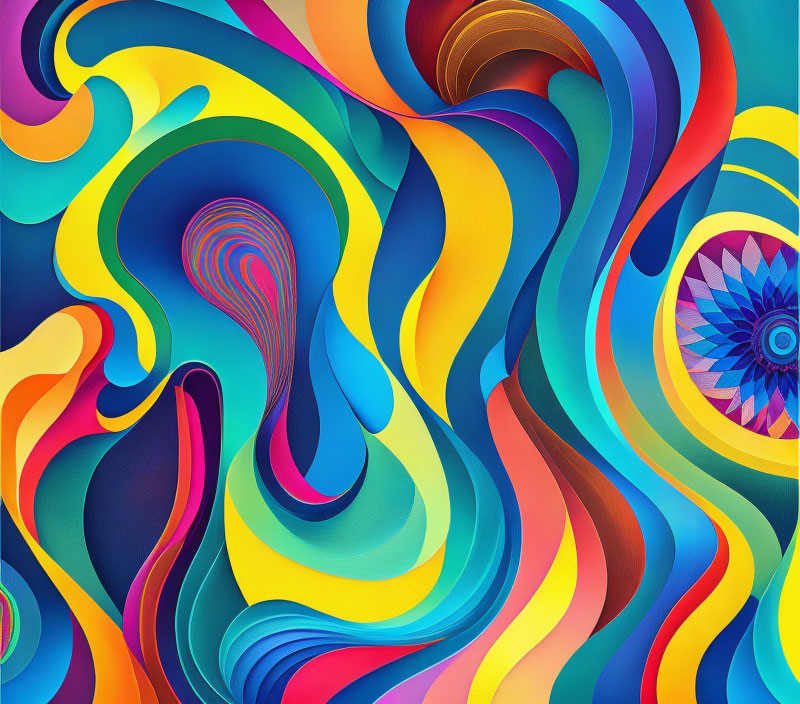 Colorful Abstract Art with Swirling Patterns in Blue, Yellow, Red, and Green