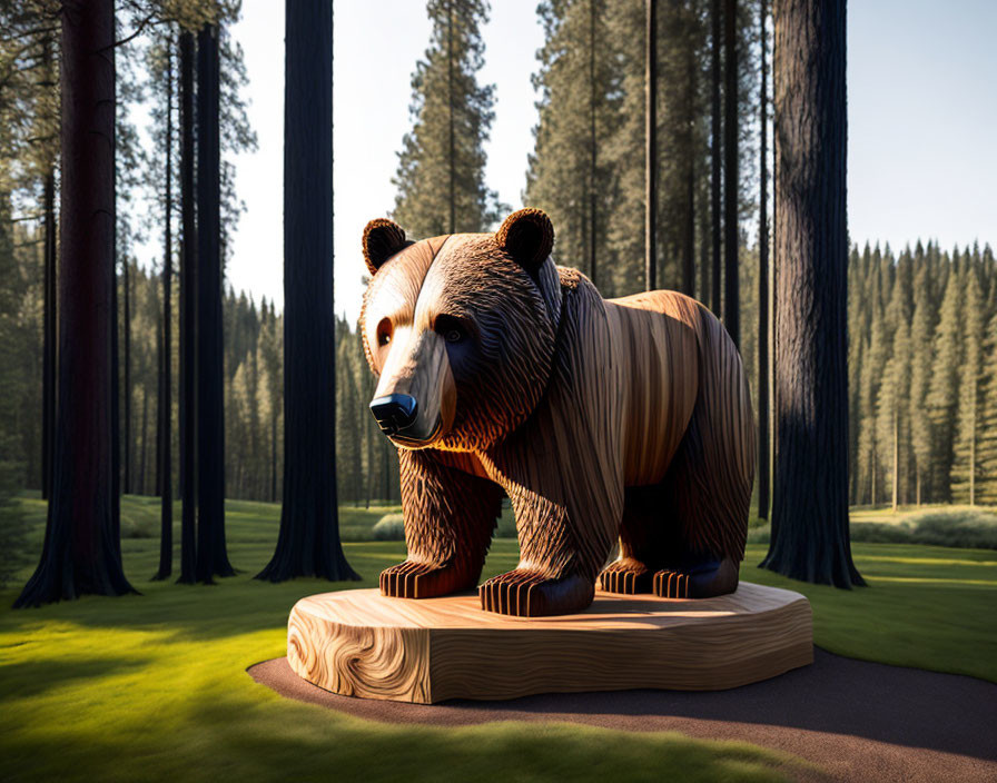 Intricate wooden bear sculpture on circular base in sunlit forest clearing