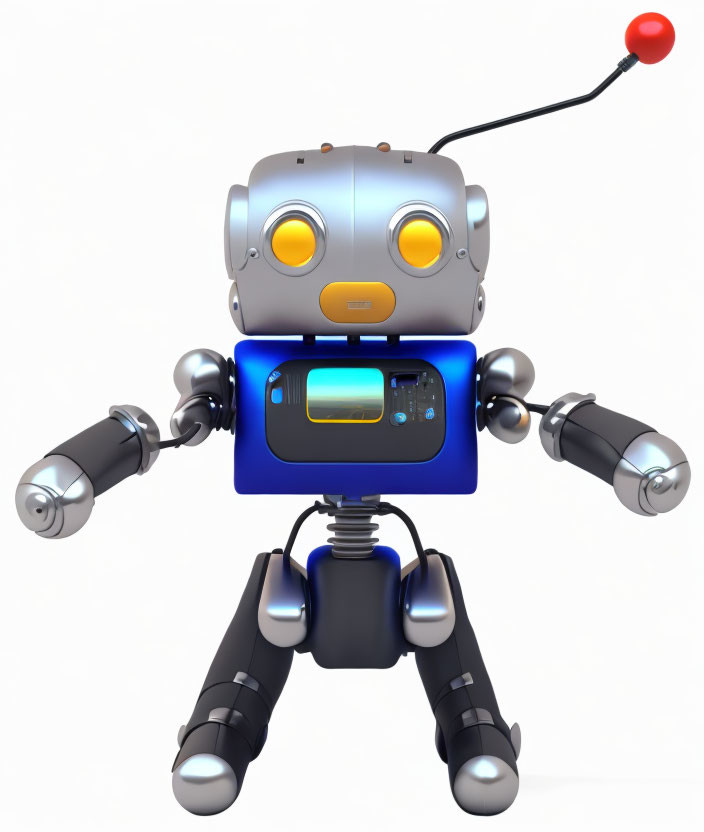 Cartoon-style robot illustration with glowing eyes and round head