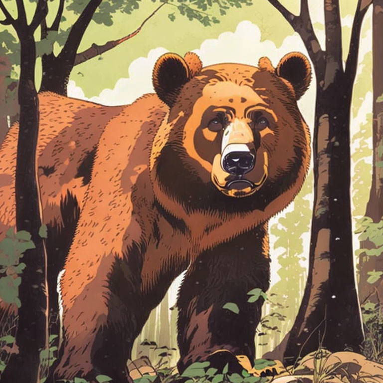 Brown Bear in Forest Illustration: Stylized depiction of bear amidst trees and foliage.