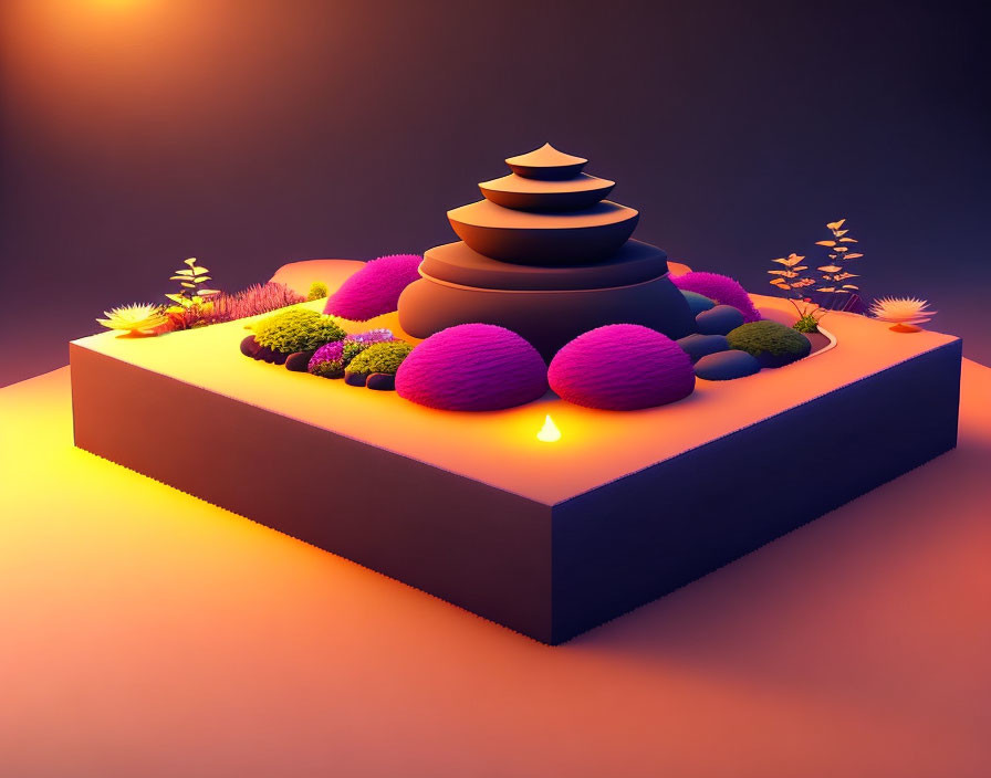 Tranquil Zen garden with stacked stones and candle under warm light