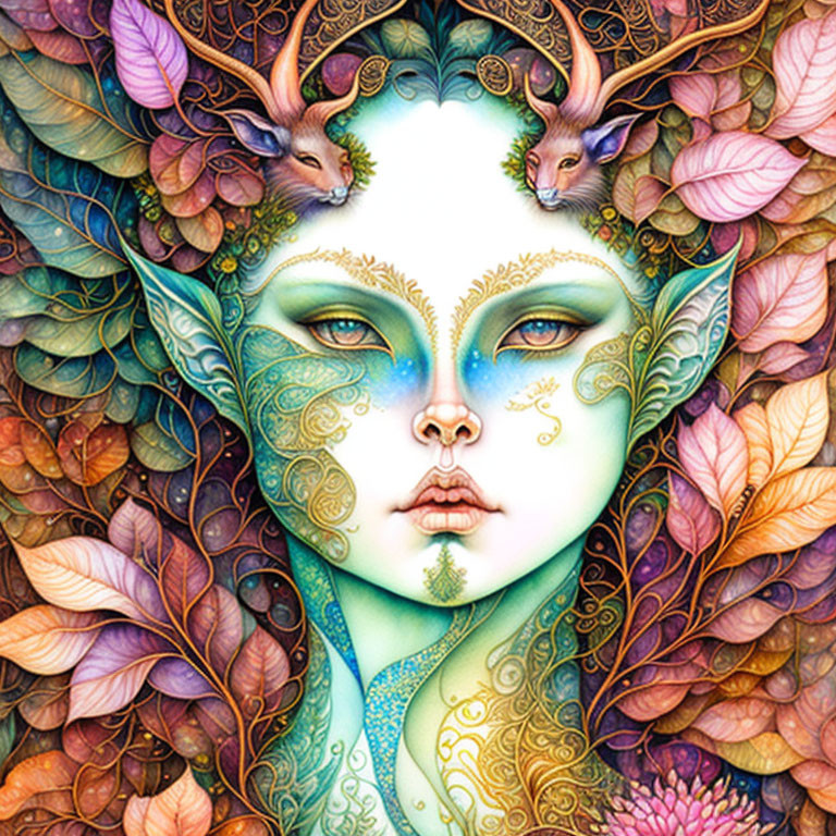 Symmetrical face with intricate patterns and horned creatures in colorful artwork