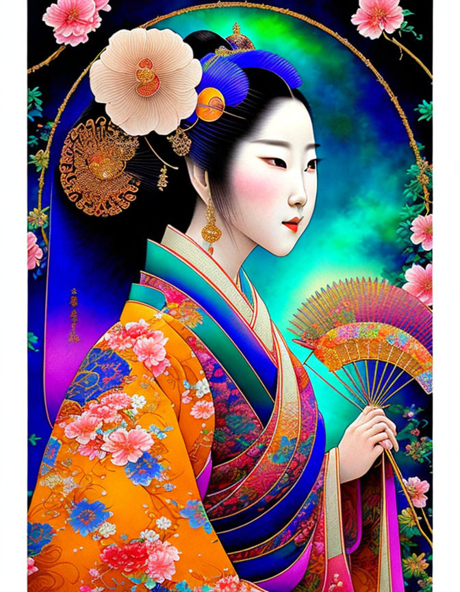 Colorful floral patterned kimono illustration with fan in detailed background