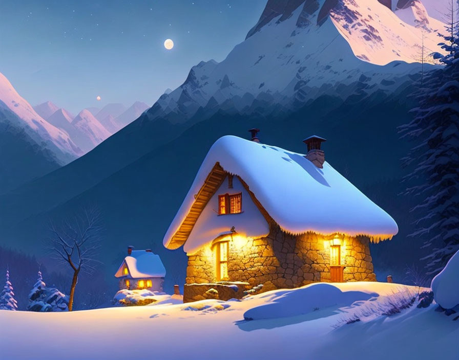 Snow-covered cottage with warm glow in serene winter mountain setting