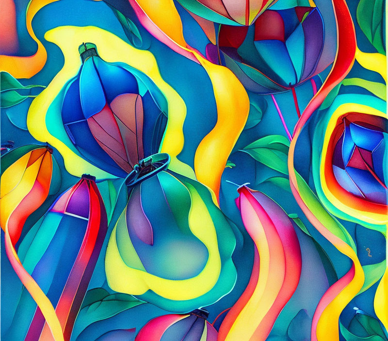 Vibrant abstract illustration with wavy patterns and flower-like shapes