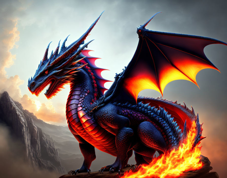 Majestic dragon breathing fire on rocky terrain under dramatic sky