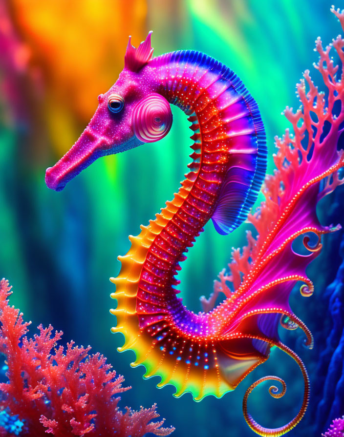 Colorful Seahorse Illustration on Multicolored Coral Reef