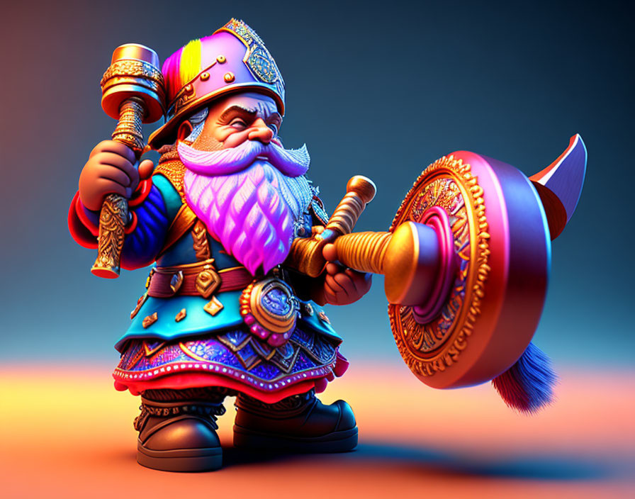 Fantastical dwarf warrior in ornate armor with hammer and shield on gradient background