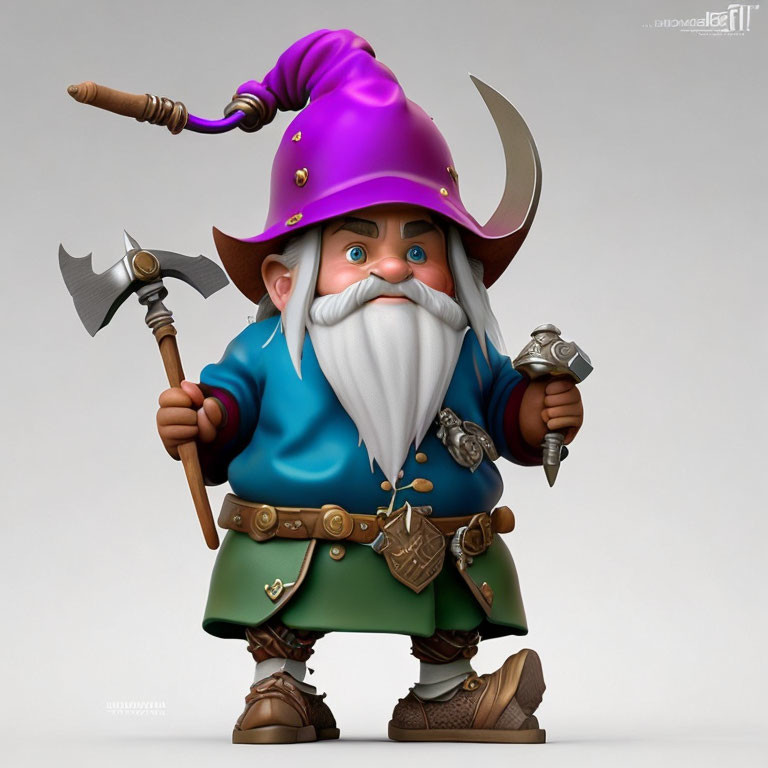 Fantasy dwarf character with purple hat and axe in 3D illustration