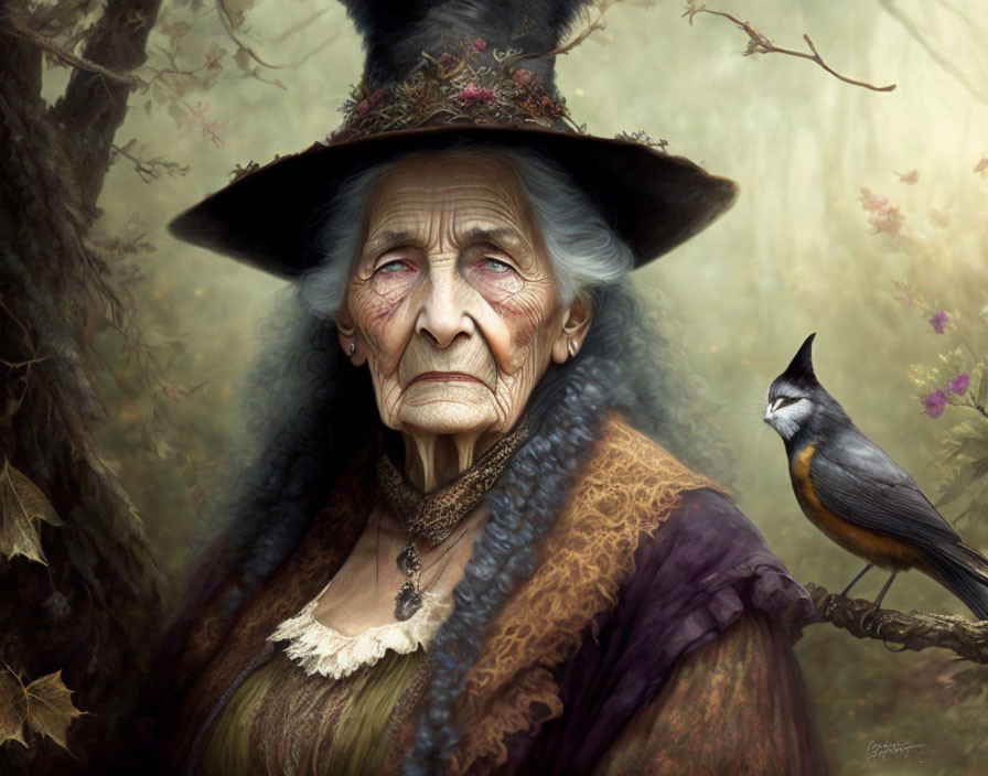 Elderly woman in witch's hat with bird in mystical forest