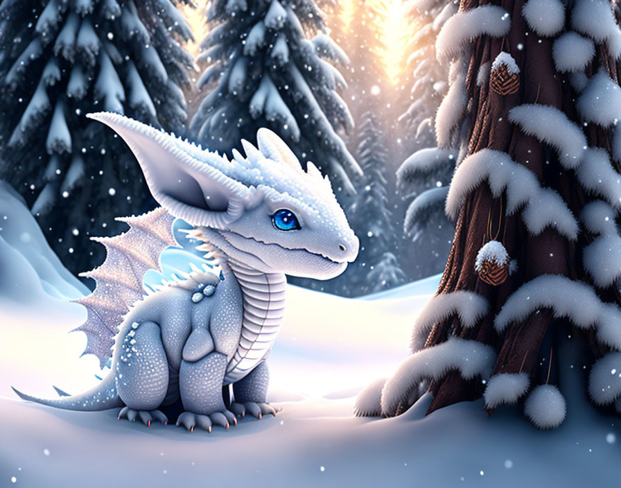 Blue-eyed white dragon in snowy forest with serene winter ambiance