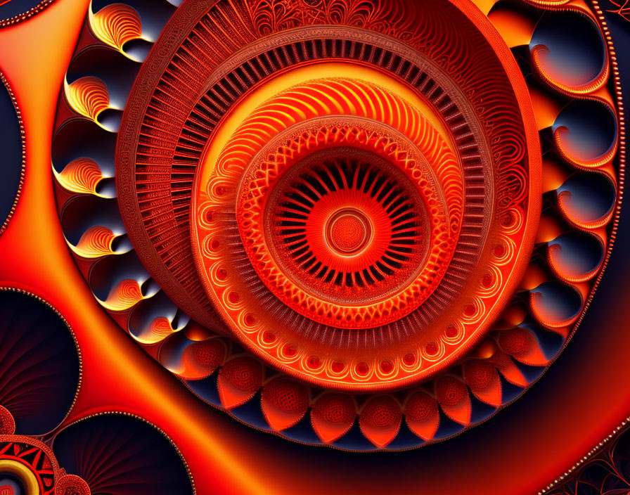 Colorful Fractal Art: Intricate Red and Orange Spiral Patterns