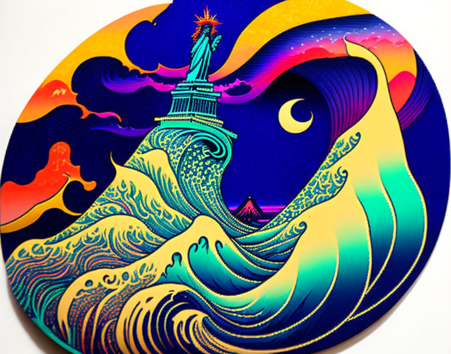 Colorful Statue of Liberty illustration with swirling art nouveau and modern patterns