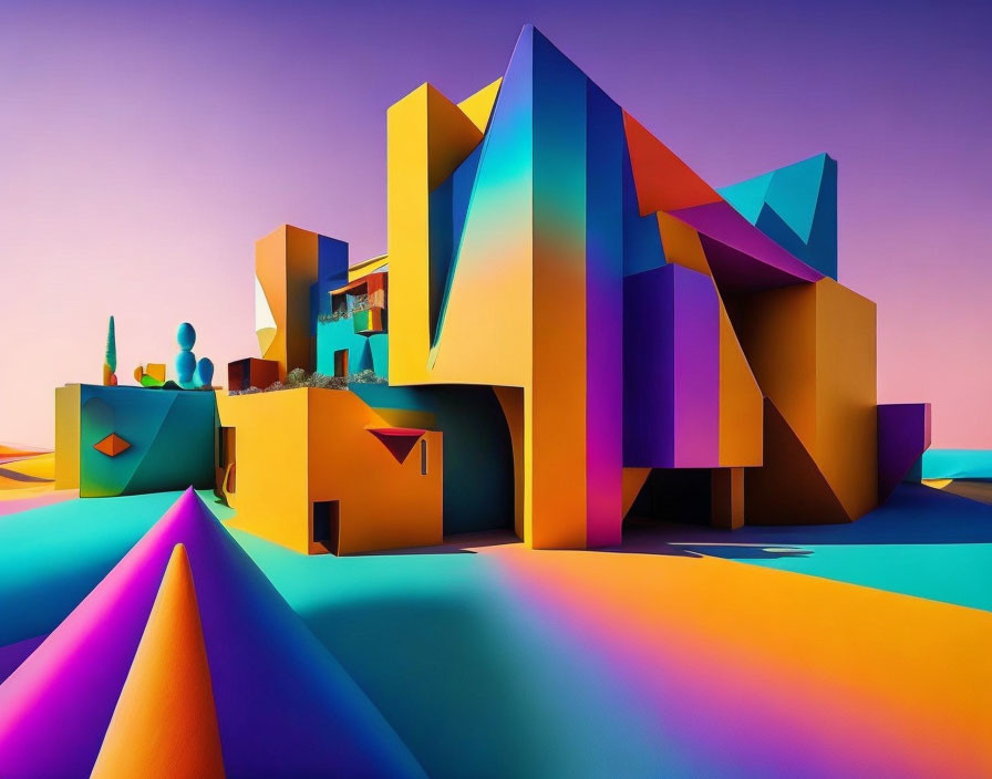 Colorful abstract landscape with geometric shapes in bold hues and a surreal, playful atmosphere.