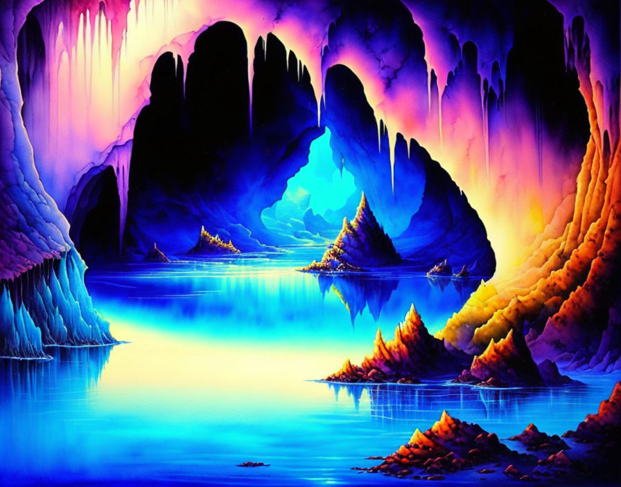 Fantastical cave with blue water, purple stalactites, and orange formations