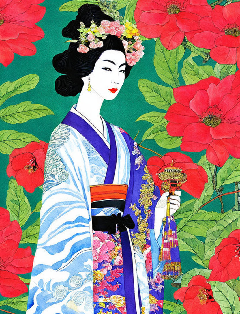 Geisha illustration with floral headdress and kimono on red background