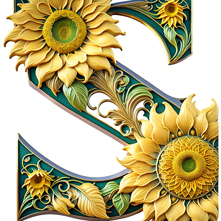 Intricate 3D sunflower and leaf patterns on ornate letter R